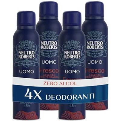 Neutro Roberts , Deodorantspray voor heren, mediterrane essentie, met anti-geur, zonder alcohol, met pure glycerineolie, deodorant voor heren, dermatologisch getest, 48 uur 4 stuks van 150 ml Neutro Roberts , Deodorantspray voor heren, mediterrane essentie, met anti-geur, zonder alcohol, met pure glycerineolie, deodorant voor heren, dermatologisch getest, 48 uur 4 stuks van 150 ml