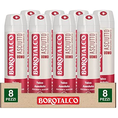 Borotalco Deo 72h droge deodorant voor heren met absolute talkpoeder absorbeert zweet zonder alcohol, ambergeur, 8 flessen van 150 ml Borotalco Deo 72h droge deodorant voor heren met absolute talkpoeder absorbeert zweet zonder alcohol, ambergeur, 8 flessen van 150 ml