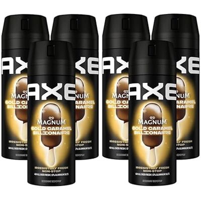 AXE Magnum Gold Caramel Billionaire deodorantspray zonder aluminiumzouten, bestrijdt geurveroorzakende bacteriën en onaangename geurtjes, 8 x 150 ml, 8 stuks AXE Magnum Gold Caramel Billionaire deodorantspray zonder aluminiumzouten, bestrijdt geurveroorzakende bacteriën en onaangename geurtjes, 8 x 150 ml, 8 stuks