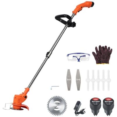 Haloppe 12 V accu-bosmaaier, lichte telescopische elektrische grasmaaier met 3 soorten messen en 2 x 2000 mAh accu, tuintrimmer voor grasmaaien, oranje Haloppe 12 V accu-bosmaaier, lichte telescopische elektrische grasmaaier met 3 soorten messen en 2 x 2000 mAh accu, tuintrimmer voor grasmaaien, oranje