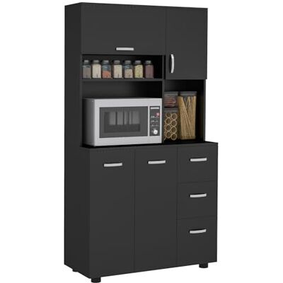 HOMCOM Keukenkast, meerdere vakken, 4 deuren, 3 laden, rek + groot dienblad, 89 x 39,5 x 168 cm, zwart HOMCOM Keukenkast, meerdere vakken, 4 deuren, 3 laden, rek + groot dienblad, 89 x 39,5 x 168 cm, zwart