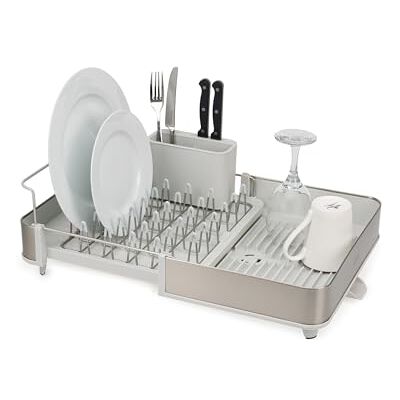 Joseph Joseph Uitschuifbaar afdruiprek van staal met afneembaar bestekvak, draaibare uitloop, roestvrij staal Joseph Joseph Uitschuifbaar afdruiprek van staal met afneembaar bestekvak, draaibare uitloop, roestvrij staal