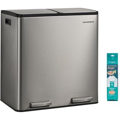 SONGMICS LTB160EZ01 Keukenafvalemmer, 2 x 30 l, afvalscheidingssysteem met 2 vakken, afvalemmer met 15 vuilniszakken, pedaalemmer, uitneembare binnenemmer, softclose-deksel, handgrepen Corbeille de Tri, 15 Sacs Poubelle, Seaux Amovibles, Couvercle, Poig SONGMICS LTB160EZ01 Keukenafvalemmer, 2 x 30 l, afvalscheidingssysteem met 2 vakken, afvalemmer met 15 vuilniszakken, pedaalemmer, uitneembare binnenemmer, softclose-deksel, handgrepen Corbeille de Tri, 15 Sacs Poubelle, Seaux Amovibles, Couvercle, Poig