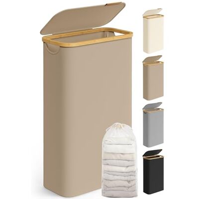 SONGMICS Wasmand met deksel, 65 l, Oxford-stof, opvouwbaar Waszak, afneembaar, 42 x 22,5 x 70,5 cm, ruimtebesparend, handgrepen van bamboe, collectie ROXANNE LCB506G01 SONGMICS Wasmand met deksel, 65 l, Oxford-stof, opvouwbaar Waszak, afneembaar, 42 x 22,5 x 70,5 cm, ruimtebesparend, handgrepen van bamboe, collectie ROXANNE LCB506G01