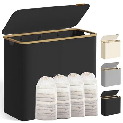 SONGMICS Wasmand met deksel met 4 vakken, 200 l, afneembare zak, Oxford-stof, handgrepen van bamboe, opvouwbaar, 78 x 38,5 x 70,5 cm, inktzwart LCB514BH01 Sac à Linge Amovible, 52 x 38,5 x 70,5 cm, 2 Compartiments, Poignées en Bambou, Collection ROXANNE SONGMICS Wasmand met deksel met 4 vakken, 200 l, afneembare zak, Oxford-stof, handgrepen van bamboe, opvouwbaar, 78 x 38,5 x 70,5 cm, inktzwart LCB514BH01 Sac à Linge Amovible, 52 x 38,5 x 70,5 cm, 2 Compartiments, Poignées en Bambou, Collection ROXANNE