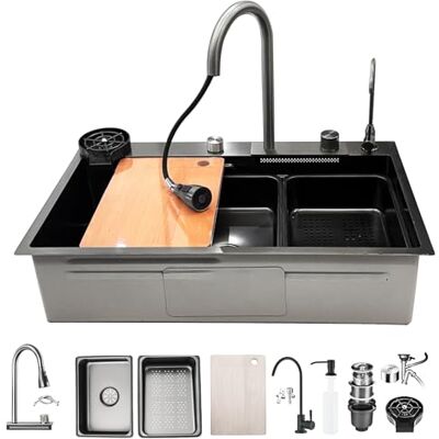 KOOGIMDDR Multifunctionele 13-delige watervalspoelbakset van roestvrij staal met uittrekbare kraan met digitaal display, werkstation met enkele tank, bekerwasmachine en bedieningsknoppen KOOGIMDDR Multifunctionele 13-delige watervalspoelbakset van roestvrij staal met uittrekbare kraan met digitaal display, werkstation met enkele tank, bekerwasmachine en bedieningsknoppen