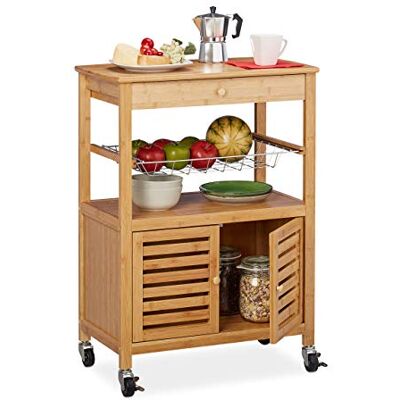 Relaxdays Bamboe keukenwagen, werkblad, compartiment en mand, serveerwagen met wielen, HBT: 82 x 59,5 x 35 cm, naturel Relaxdays Bamboe keukenwagen, werkblad, compartiment en mand, serveerwagen met wielen, HBT: 82 x 59,5 x 35 cm, naturel
