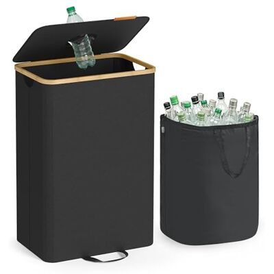 SONGMICS RRB509B01 Statiecontainer voor flessen, 95 liter, lege flessenverzamelaar met gat, deksel, binnenzak met handgrepen, keuken, inktzwart en natuurlijk beige SONGMICS RRB509B01 Statiecontainer voor flessen, 95 liter, lege flessenverzamelaar met gat, deksel, binnenzak met handgrepen, keuken, inktzwart en natuurlijk beige
