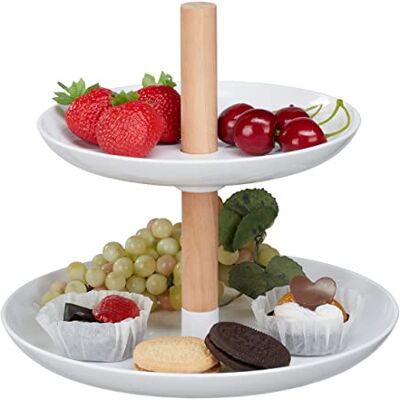 Relaxdays Cupcakestandaard met 2 etages, kunststof en hout, rond, 19 x 21 cm, wit/naturel Relaxdays Cupcakestandaard met 2 etages, kunststof en hout, rond, 19 x 21 cm, wit/naturel