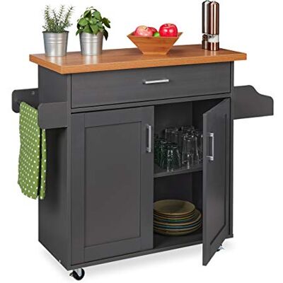 Relaxdays Keukenwagen, werkblad, lade, 2 vakken, kruiden- en handdoekhouder, mobiele keukenkast, grijs/naturel Relaxdays Keukenwagen, werkblad, lade, 2 vakken, kruiden- en handdoekhouder, mobiele keukenkast, grijs/naturel