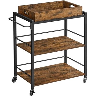 VASAGLE Serveerwagen in industriële stijl, keukenwagen, met uitneembaar dienblad, met verstelbare poten en wielen, keukenrek, frame van staal, 65 x 40 x 86 cm, bruin/rustiek, zwart LRC72X VASAGLE Serveerwagen in industriële stijl, keukenwagen, met uitneembaar dienblad, met verstelbare poten en wielen, keukenrek, frame van staal, 65 x 40 x 86 cm, bruin/rustiek, zwart LRC72X