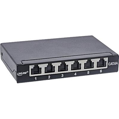 InLine ® Patchpaneel Cat.6A 0,5HE 6 vakken voor tafel/muur/hoedrail met stofbescherming zwart InLine ® Patchpaneel Cat.6A 0,5HE 6 vakken voor tafel/muur/hoedrail met stofbescherming zwart