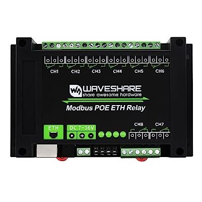Waveshare 8-Ch Ethernet Relay Module, Modbus RTU/Modbus TCP Protocol, PoE Port Communication, met verschillende isolatie en bescherming circuits, industriële grade rail mount case Waveshare 8-Ch Ethernet Relay Module, Modbus RTU/Modbus TCP Protocol, PoE Port Communication, met verschillende isolatie en bescherming circuits, industriële grade rail mount case