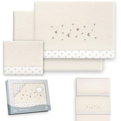 Interbaby Underzy Beddengoedset voor wieg, 50 x 80 cm, 100% polyester, met hoeslaken, laken en kussensloop, ideaal voor de winter, sterrenmotief, maan, beige Interbaby Underzy Beddengoedset voor wieg, 50 x 80 cm, 100% polyester, met hoeslaken, laken en kussensloop, ideaal voor de winter, sterrenmotief, maan, beige
