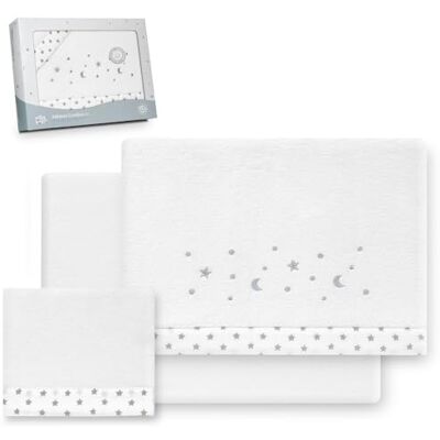 Interbaby Underzy Beddengoedset van 100% polyester, met hoeslaken, laken en kussensloop, motief maanster, wit/grijs, 60 x 120 cm Interbaby Underzy Beddengoedset van 100% polyester, met hoeslaken, laken en kussensloop, motief maanster, wit/grijs, 60 x 120 cm
