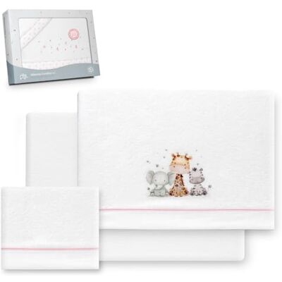 Interbaby Underzy Beddengoedset van 100% polyester, met hoeslaken, laken en kussensloop, motief giraffe, olifant, wit/roze, 60 x 120 cm Interbaby Underzy Beddengoedset van 100% polyester, met hoeslaken, laken en kussensloop, motief giraffe, olifant, wit/roze, 60 x 120 cm