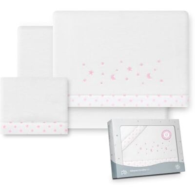 Interbaby Kinderwagenbeddengoed 40 x 80 cm, winterlakens van koraalstof, model Stars Luna, inclusief hoeslaken, laken en kussensloop Interbaby Kinderwagenbeddengoed 40 x 80 cm, winterlakens van koraalstof, model Stars Luna, inclusief hoeslaken, laken en kussensloop