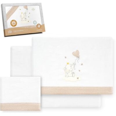 Interbaby Underzy Beddengoedset in warm en zacht flanel met hoeslaken, laken en kussensloop, olifantenpatroon, wit/beige, 60 x 120 cm Interbaby Underzy Beddengoedset in warm en zacht flanel met hoeslaken, laken en kussensloop, olifantenpatroon, wit/beige, 60 x 120 cm