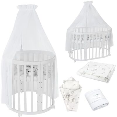 waldin Babybed, ovaal, 7-in-1, matras, wielen, plank, wit waldin Babybed, ovaal, 7-in-1, matras, wielen, plank, wit