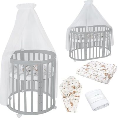 waldin Babybed, ovaal, 7-in-1, matras, wielen, plank, grijs waldin Babybed, ovaal, 7-in-1, matras, wielen, plank, grijs