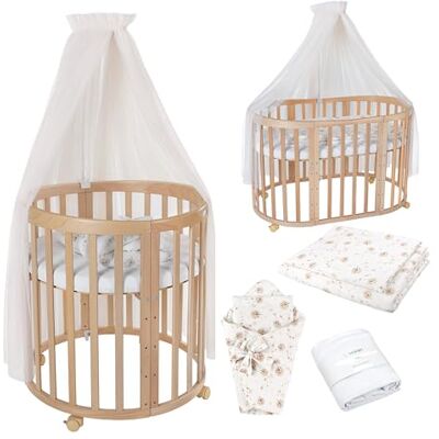 waldin Babybed, ovaal, 7-in-1, matras, wielen, plank, natuur waldin Babybed, ovaal, 7-in-1, matras, wielen, plank, natuur