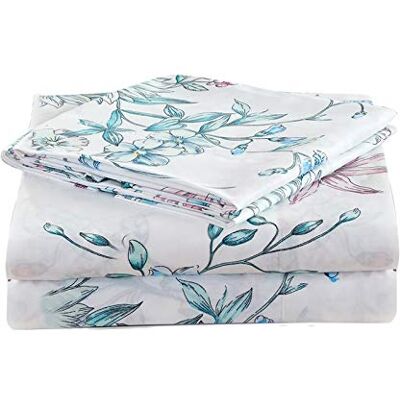 JSD 4-delige beddengoedset van zachte microvezel met extra diepe beanie, wit en blauw, botanische bloemenprint, voor queensize bed JSD 4-delige beddengoedset van zachte microvezel met extra diepe beanie, wit en blauw, botanische bloemenprint, voor queensize bed