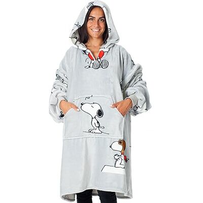 Kanguru Hoodie Snoopy Fleecedeken met capuchon, 100% microvezel, grijs, volwassen maat 95 x 95 cm Kanguru Hoodie Snoopy Fleecedeken met capuchon, 100% microvezel, grijs, volwassen maat 95 x 95 cm