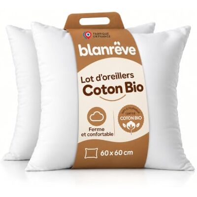 Blanrêve Set van 2 kussens van biologisch katoen stevig comfort 60 x 2 kussens van katoen uit biologische teelt. Luchtig en zacht. Ideaal om op de zijkant te slapen. Gemaakt in Frankrijk Blanrêve Set van 2 kussens van biologisch katoen stevig comfort 60 x 2 kussens van katoen uit biologische teelt. Luchtig en zacht. Ideaal om op de zijkant te slapen. Gemaakt in Frankrijk