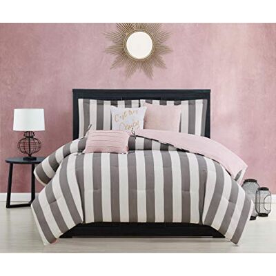 Juicy Couture 5-delige beddengoedset voor eenpersoonsbed met 1 dekbed, 1 kussensloop en 3 sierkussens, 100% polyester microvezel, kreukvrij, Cabana gestreept motief Juicy Couture 5-delige beddengoedset voor eenpersoonsbed met 1 dekbed, 1 kussensloop en 3 sierkussens, 100% polyester microvezel, kreukvrij, Cabana gestreept motief