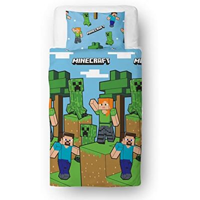 Character World Minecraft Officiële beddengoedset voor eenpersoonsbed, omkeerbaar dekbedovertrek en bijpassende kussensloop, blauw Character World Minecraft Officiële beddengoedset voor eenpersoonsbed, omkeerbaar dekbedovertrek en bijpassende kussensloop, blauw