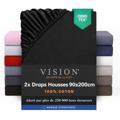 Vision Hoeslaken, 100% katoen, eenpersoonsbed (90 x 200 cm), 2 stuks, zwart, elastische hoeken, dicht weefsel: 57 draden, geschikt voor matrassen tot 30 cm, comfortabel, Oeko-Tex-gecertificeerd Vision Hoeslaken, 100% katoen, eenpersoonsbed (90 x 200 cm), 2 stuks, zwart, elastische hoeken, dicht weefsel: 57 draden, geschikt voor matrassen tot 30 cm, comfortabel, Oeko-Tex-gecertificeerd