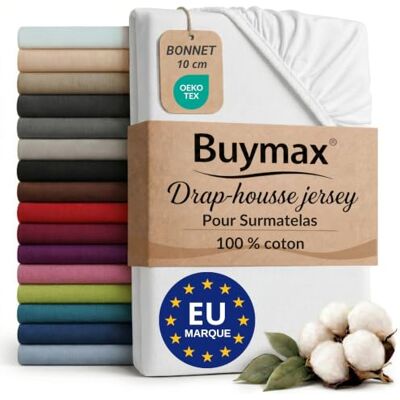 Buymax Hoeslaken 140 x 200 cm, 100% jersey katoen, voor toppers tot 9 cm hoogte, boxspringbed, wit Jersey doux et respirant, certifié OEKO-TEX, bonnet jusqu’à 10 cm, idéal pour surmatelas et maintien sans plis. Buymax Hoeslaken 140 x 200 cm, 100% jersey katoen, voor toppers tot 9 cm hoogte, boxspringbed, wit Jersey doux et respirant, certifié OEKO-TEX, bonnet jusqu’à 10 cm, idéal pour surmatelas et maintien sans plis.