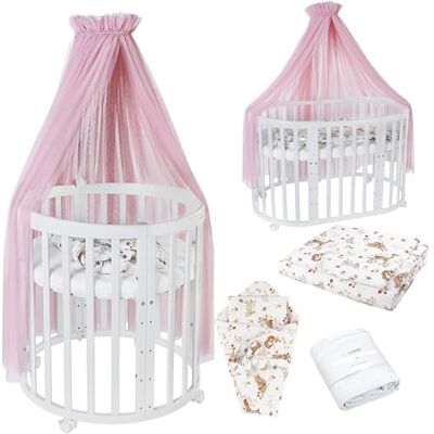 waldin Babybed, ovaal, 7-in-1, matras, wielen, plank, wit waldin Babybed, ovaal, 7-in-1, matras, wielen, plank, wit