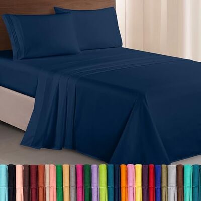 Elegant Comfort Zachte 4-delige beddengoedset van microvezel in hotelkwaliteit 1500 denier met drie lijnen borduurwerk, kreuk- en lichtbestendig, voor tweepersoonsbed, marineblauw Elegant Comfort Zachte 4-delige beddengoedset van microvezel in hotelkwaliteit 1500 denier met drie lijnen borduurwerk, kreuk- en lichtbestendig, voor tweepersoonsbed, marineblauw