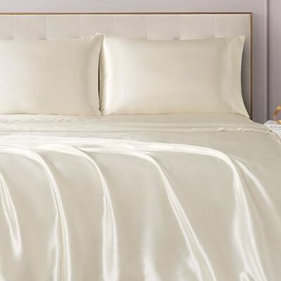 Juicy Couture , Zijdesatijnen beddengoedset voor tweepersoonsbed, zijdezachte satijnen beddengoedset met diepe zak met 1 hoeslaken, 1 laken en 2 kussenslopen, wit Juicy Couture , Zijdesatijnen beddengoedset voor tweepersoonsbed, zijdezachte satijnen beddengoedset met diepe zak met 1 hoeslaken, 1 laken en 2 kussenslopen, wit