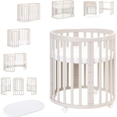 waldin Babybed, ovaal, 7-in-1, matras, wielen, plank, kasjmier waldin Babybed, ovaal, 7-in-1, matras, wielen, plank, kasjmier