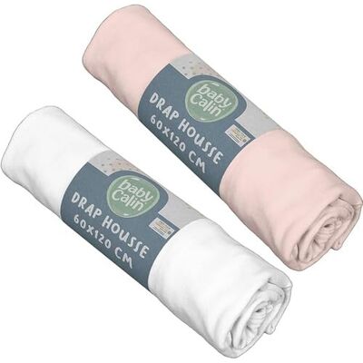 Babycalin , set van 2 hoeslakens, wit / roze, 60 x 120 cm Babycalin , set van 2 hoeslakens, wit / roze, 60 x 120 cm