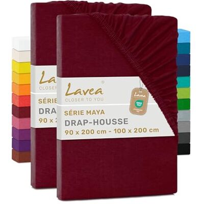 Lavea ® Set van 2 hoeslakens, 90 x 190/200 cm, 100% zacht en ademend katoen, voor dikke matrassen tot 20 cm, jersey met elastiek rondom, bordeauxrood Lavea ® Set van 2 hoeslakens, 90 x 190/200 cm, 100% zacht en ademend katoen, voor dikke matrassen tot 20 cm, jersey met elastiek rondom, bordeauxrood