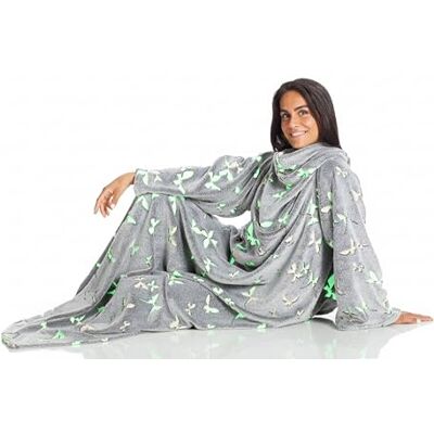 Kanguru Deluxe Glow Lichtgevende deken met mouwen en zak met lichtgevende vlinderpatronen, sprei, slaapbank, bankovertrek, fleecedeken met mouwen, bankdeken, grijs, 140 x 180 cm Kanguru Deluxe Glow Lichtgevende deken met mouwen en zak met lichtgevende vlinderpatronen, sprei, slaapbank, bankovertrek, fleecedeken met mouwen, bankdeken, grijs, 140 x 180 cm