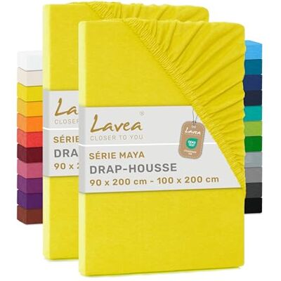 Lavea ® Set van 2 hoeslakens, 90 x 190/200 cm, 100% zacht en ademend katoen, voor matrassen tot 20 cm dik, jersey met elastiek rondom, zonnegeel Lavea ® Set van 2 hoeslakens, 90 x 190/200 cm, 100% zacht en ademend katoen, voor matrassen tot 20 cm dik, jersey met elastiek rondom, zonnegeel