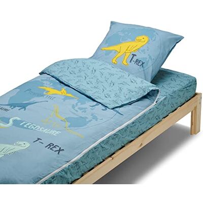 Bleu Calin Caradou T-Rex Kinderbeddengoedset, 3-delig, zonder dekbed, 90 x 190 cm, katoen, blauw/groen Bleu Calin Caradou T-Rex Kinderbeddengoedset, 3-delig, zonder dekbed, 90 x 190 cm, katoen, blauw/groen