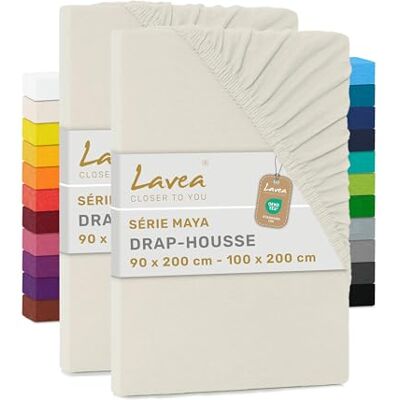 Lavea ® Set van 2 hoeslakens, 90 x 190/200 cm, 100% zacht en ademend katoen, voor dikke matrassen tot 20 cm, jersey met elastiek rondom, crème Lavea ® Set van 2 hoeslakens, 90 x 190/200 cm, 100% zacht en ademend katoen, voor dikke matrassen tot 20 cm, jersey met elastiek rondom, crème