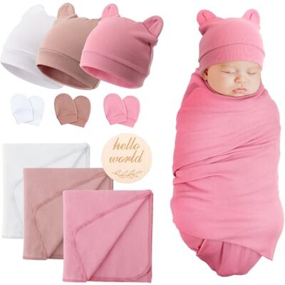 DRESHOW Babydeken voor pasgeborenen, zachte inbakerdeken voor zuigeling, warme deken voor het inbakeren van baby's, met berenoorhoofdband en handschoenen, 3 sets: wit, lichtroze, roze, Eén maat Eén maat DRESHOW Babydeken voor pasgeborenen, zachte inbakerdeken voor zuigeling, warme deken voor het inbakeren van baby's, met berenoorhoofdband en handschoenen, 3 sets: wit, lichtroze, roze, Eén maat Eén maat