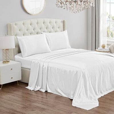 Juicy Couture XL zijden satijnen beddengoedset voor eenpersoonsbed, 1 hoeslaken, 1 laken, 1 kussensloop, kreukvrij en anti-pilling, zuiver wit Juicy Couture XL zijden satijnen beddengoedset voor eenpersoonsbed, 1 hoeslaken, 1 laken, 1 kussensloop, kreukvrij en anti-pilling, zuiver wit