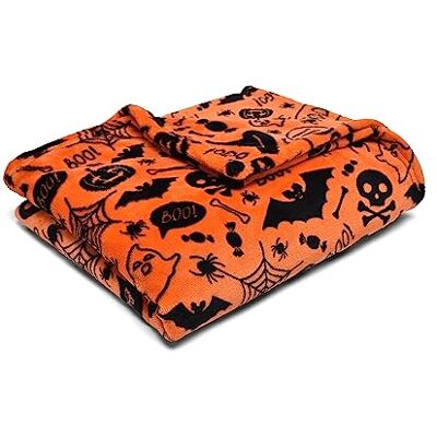 Bedlam Halloween fleecedeken, 120 x 150 cm, super zacht en comfortabel, met griezelige vleermuisprint en doodshoofd, warme deken met Halloween-thema voor decoratie Bedlam Halloween fleecedeken, 120 x 150 cm, super zacht en comfortabel, met griezelige vleermuisprint en doodshoofd, warme deken met Halloween-thema voor decoratie