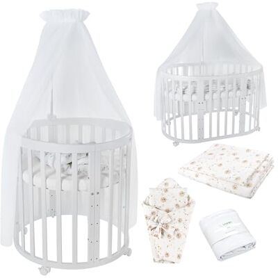 waldin Babybed, ovaal, 7-in-1, matras, wielen, plank, wit waldin Babybed, ovaal, 7-in-1, matras, wielen, plank, wit