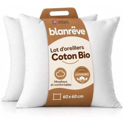 Blanrêve Set van 2 kussens van biologisch katoen Esthetisch Zacht comfort 60 x 60 cm Gemaakt in Frankrijk, wit 2 Oreillers en coton issu de l'agriculture biologique. Aéré et doux. Idéal endormissement sur le dos. Fabrication France Blanrêve Set van 2 kussens van biologisch katoen Esthetisch Zacht comfort 60 x 60 cm Gemaakt in Frankrijk, wit 2 Oreillers en coton issu de l'agriculture biologique. Aéré et doux. Idéal endormissement sur le dos. Fabrication France