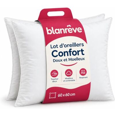 Blanrêve Set van 2 comfortabele kussens – synthetische vezels – zachte en pluizige ondersteuning voor het slapen op de buik of op de rug – milieuvriendelijk – gemaakt in Frankrijk – 60 x 60 cm Blanrêve Set van 2 comfortabele kussens – synthetische vezels – zachte en pluizige ondersteuning voor het slapen op de buik of op de rug – milieuvriendelijk – gemaakt in Frankrijk – 60 x 60 cm