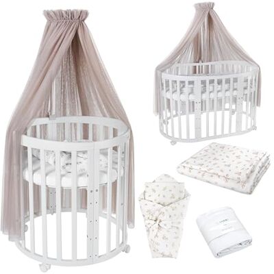 waldin Babybed, ovaal, 7-in-1, matras, wielen, plank, wit waldin Babybed, ovaal, 7-in-1, matras, wielen, plank, wit