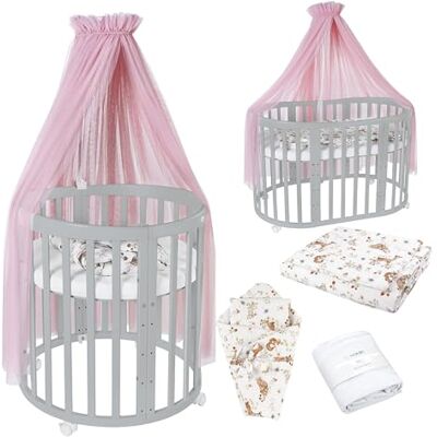 waldin Babybed, ovaal, 7-in-1, matras, wielen, plank, grijs waldin Babybed, ovaal, 7-in-1, matras, wielen, plank, grijs
